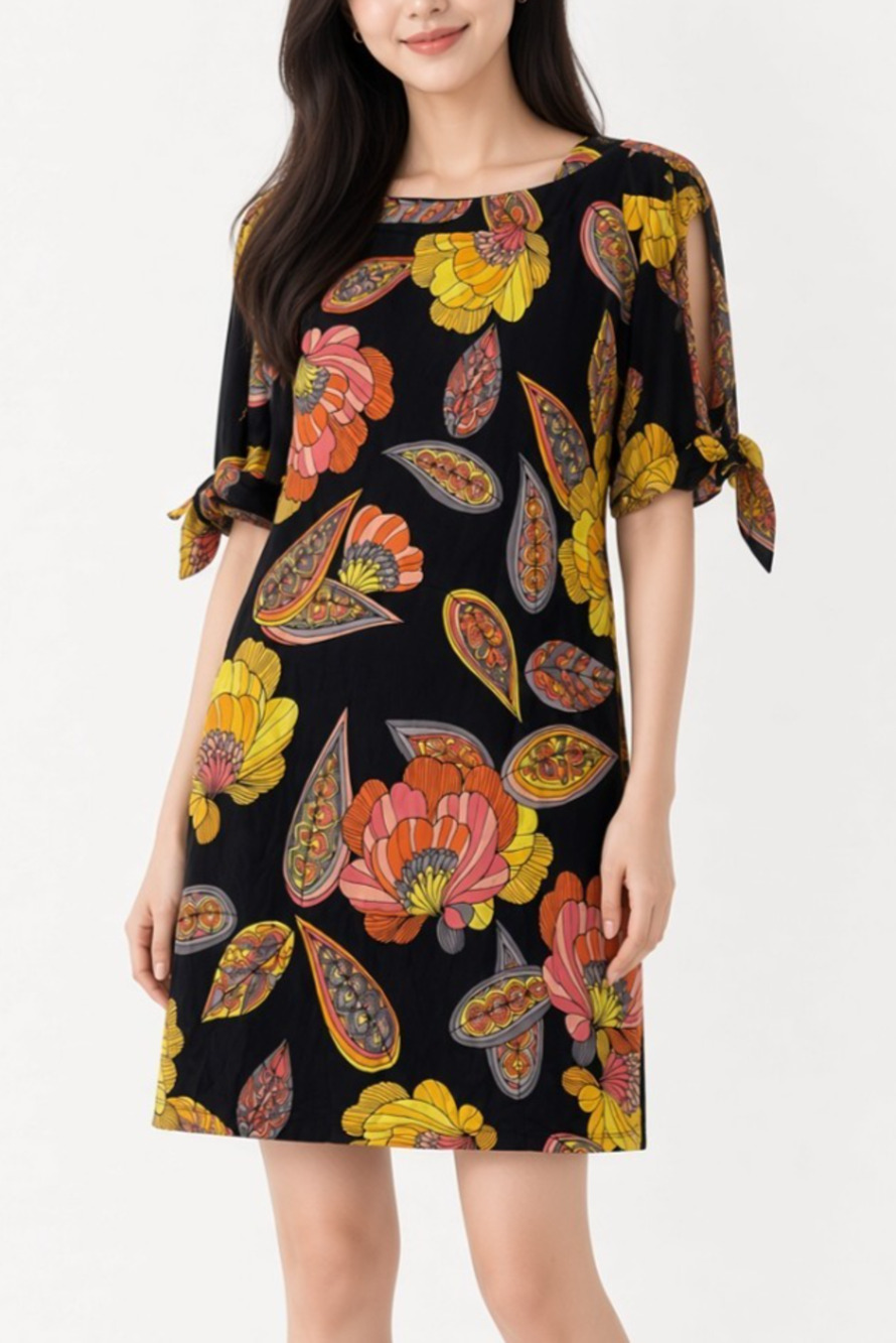 Trina Turk Vinet Dress Size 2 Navy Floral Paisley Tie Sleeve Shift Mini Resort